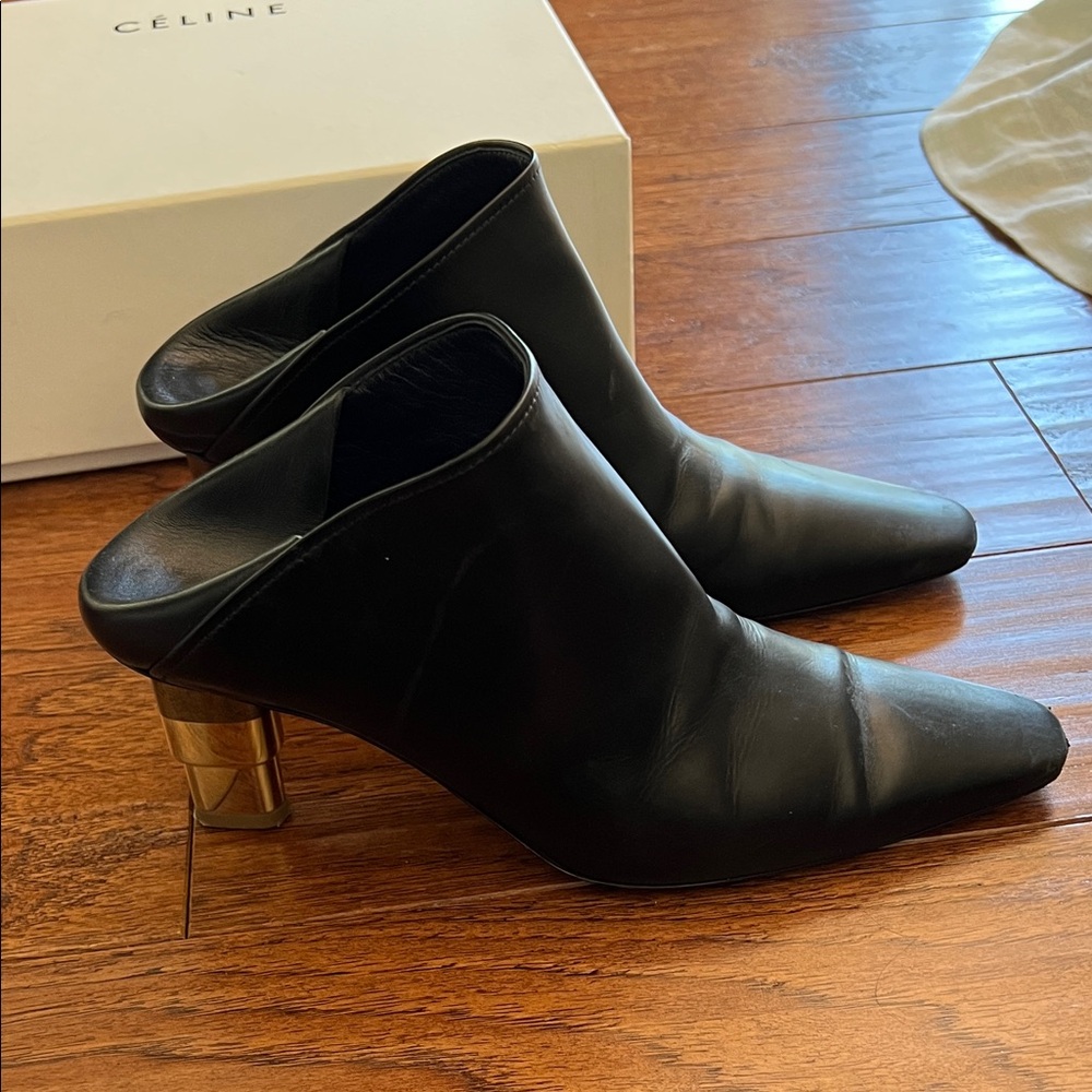 Celine Black Mules with Gold Accent Heel
